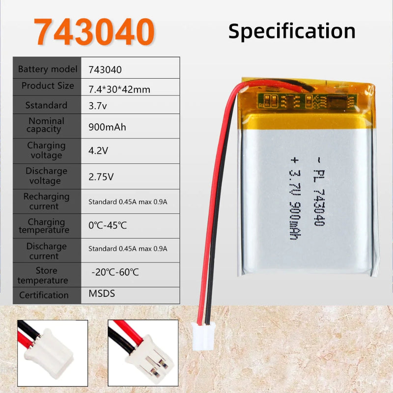 Cargue la imagen en el visor de la galería, [PH2.0-JST Connector][743040] Universal 900mAh 3.7V Rechargeable Li-Ion Lithium Polymer Battery - Polar Tech Australia
