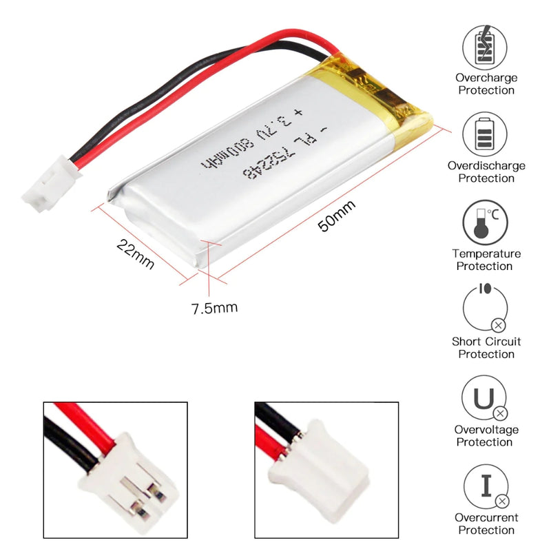 Cargue la imagen en el visor de la galería, [PH2.0-JST Connector][752248] Universal 800mAh 3.7V Rechargeable Li-Ion Lithium Polymer Battery - Polar Tech Australia
