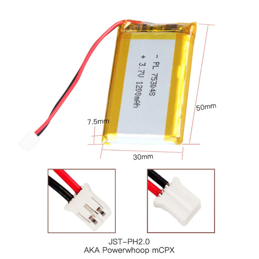 [PH2.0-JST Connector][753048] Universal 1200mAh 3.7V Rechargeable Li-Ion Lithium Polymer Battery - Polar Tech Australia