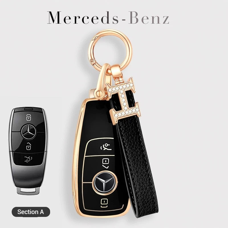 Cargue la imagen en el visor de la galería, Mercedes Benz Fashionable TPU + Aluminum alloy + Leather Car Key Fob Case Cover For Benz C, E, S, G-Class, GLE, GLC, CLA, CLS, EQC, ML, GL, EQS
