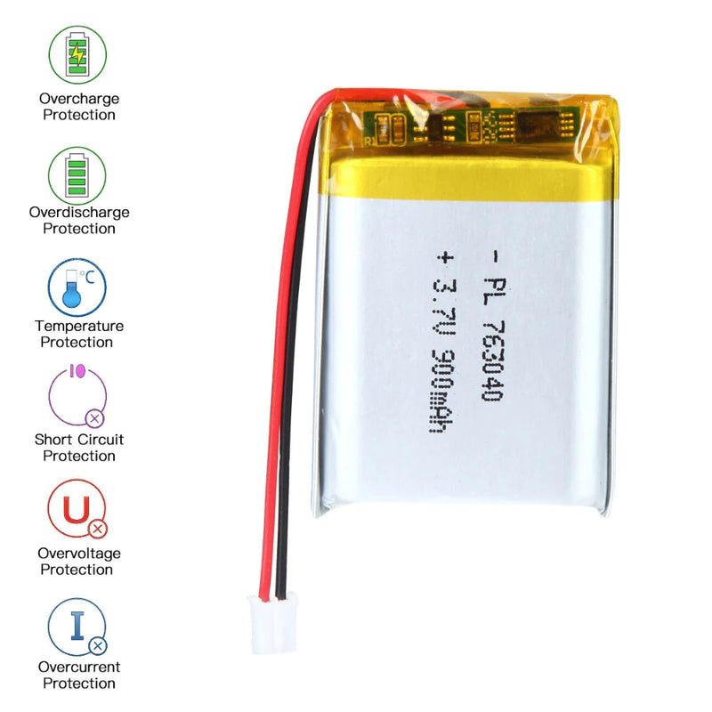 Cargue la imagen en el visor de la galería, [PH2.0-JST Connector][763040] Universal 900mAh 3.7V Rechargeable Li-Ion Lithium Polymer Battery - Polar Tech Australia

