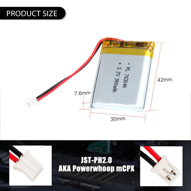 Cargue la imagen en el visor de la galería, [PH2.0-JST Connector][763040] Universal 900mAh 3.7V Rechargeable Li-Ion Lithium Polymer Battery - Polar Tech Australia
