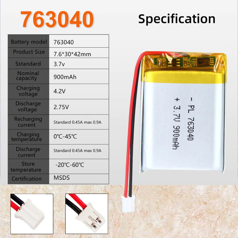 Cargue la imagen en el visor de la galería, [PH2.0-JST Connector][763040] Universal 900mAh 3.7V Rechargeable Li-Ion Lithium Polymer Battery - Polar Tech Australia
