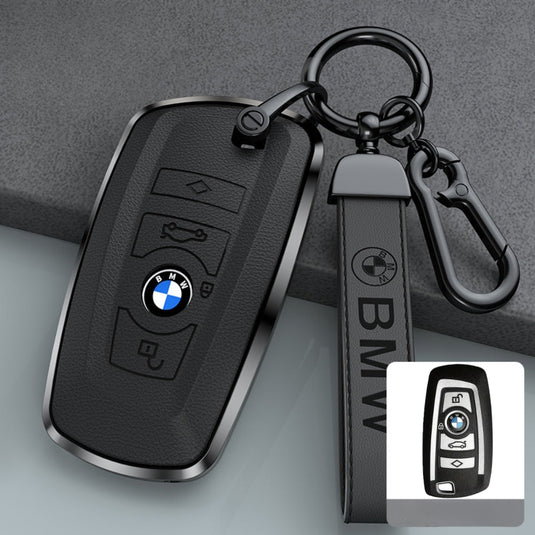 BMW Zinc Alloy + Leather Protection Car Key Fob Case Cover For 1, 2, 3, 5, 7 Series, X3, X5, X6