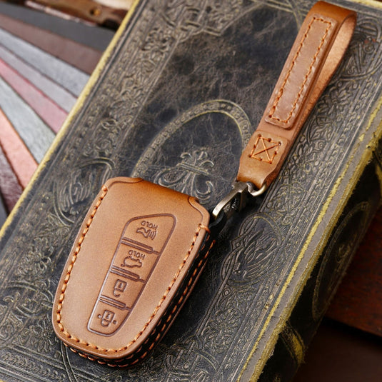 Hyundai Handcrafted Genuine Leather Car Key Fob Protective Case Cover For Santa Fe, Sport, Ix45, Equus, Centennial, Genesis G80, Grandeur, Azera