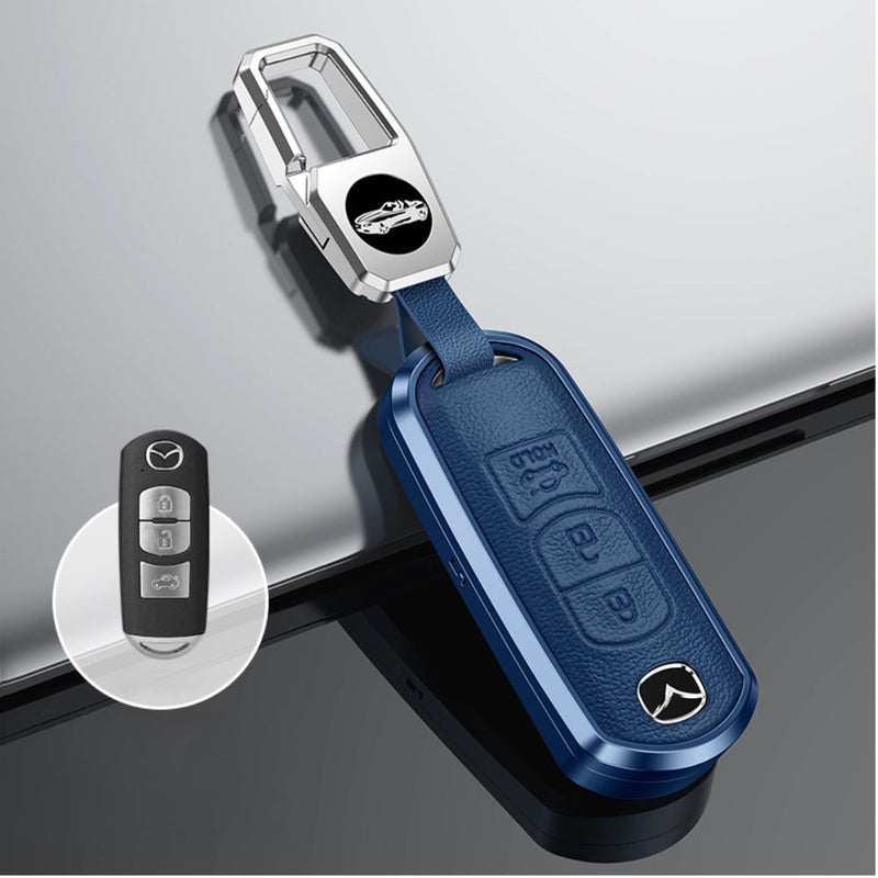 Chargez l&#39;image dans la visionneuse de la galerie, Mazda Aluminum Alloy Genuine Leather Car Key Fob Cover Case For MX-5, CX-5, CX-7, CX-9, Mazda 6
