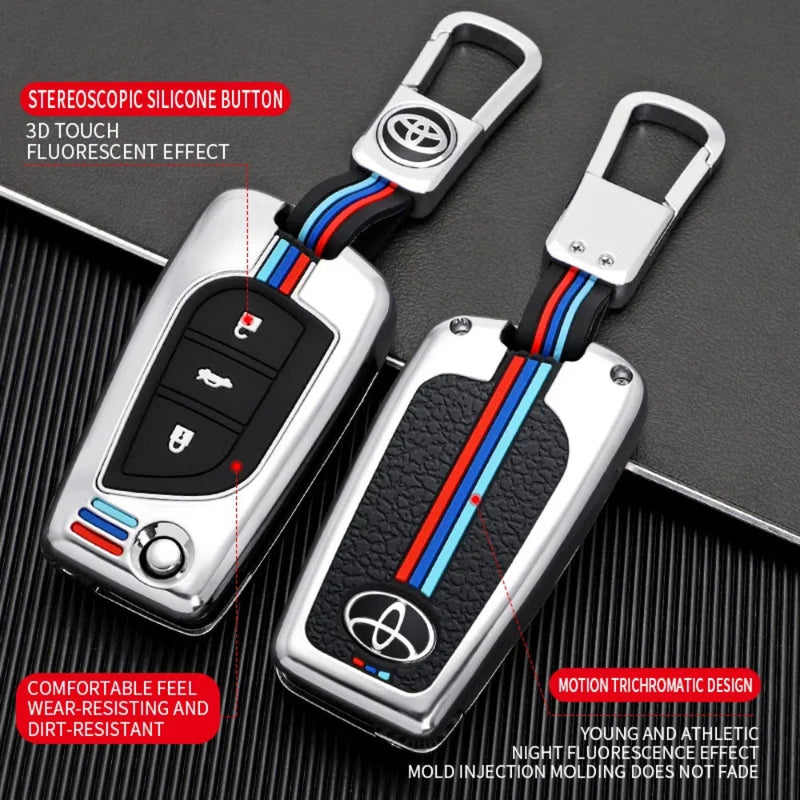 Load image into Gallery viewer, Toyota Foldable Style Metal Shell &amp; Soft Silicone Full Protection Car Key Fob Case Cover For Camry RAV4 Highlander Avalon C-HR Prius Corolla
