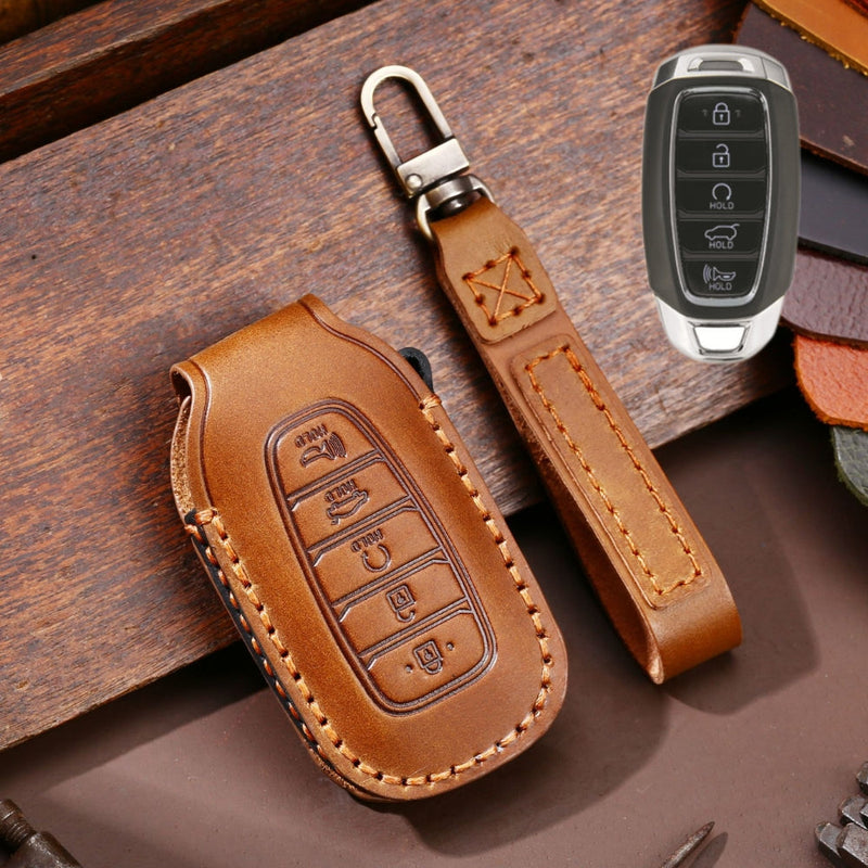 Load image into Gallery viewer, Hyundai Handcrafted Genuine Leather Car Key Fob Protective Case Cover For Santa Fe, Tucson, Palisade, Kona, Santa Fe, Azera

