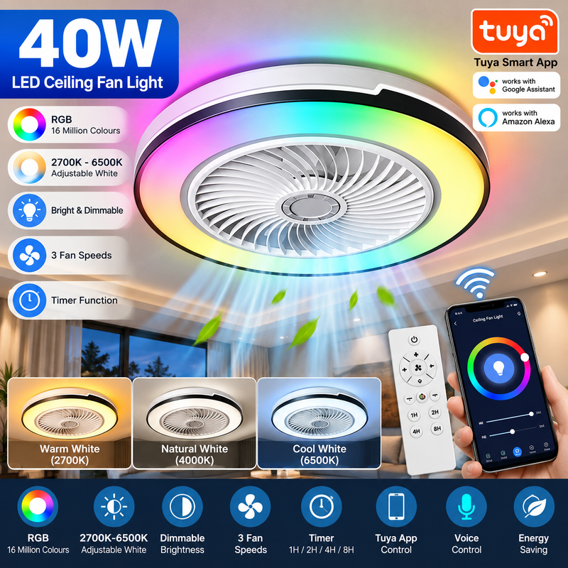Chargez l'image dans la visionneuse de la galerie, [With Fan] Tuya RGB Dimmable LED 40W Ceiling Light WIFI Wireless Control Bedroom Living Room Light - Polar Tech Australia
