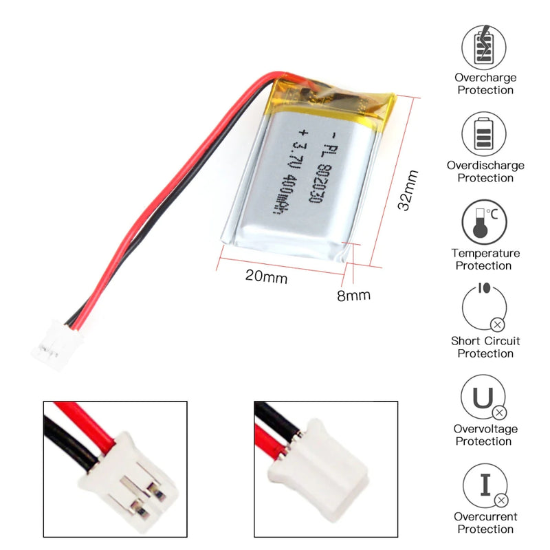 Chargez l&#39;image dans la visionneuse de la galerie, [PH2.0-JST Connector][802030] Universal 400mAh 3.7V Rechargeable Li-Ion Lithium Polymer Battery - Polar Tech Australia
