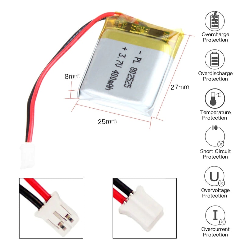 Cargue la imagen en el visor de la galería, [PH2.0-JST Connector][802525] Universal 400mAh 3.7V Rechargeable Li-Ion Lithium Polymer Battery - Polar Tech Australia
