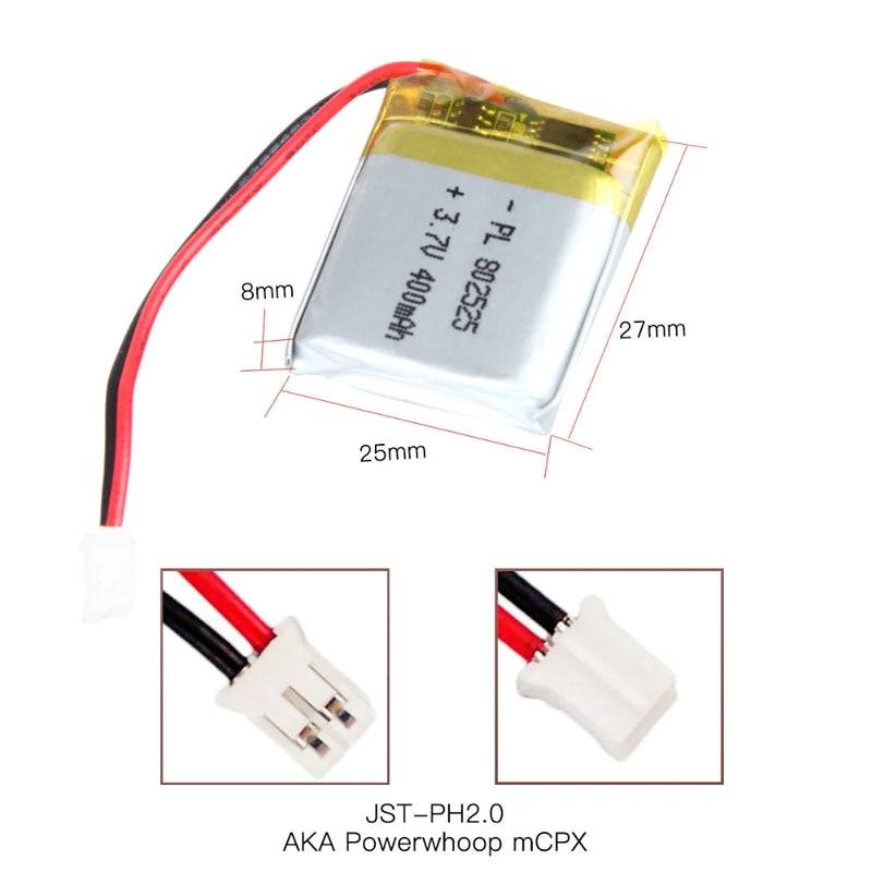 Cargue la imagen en el visor de la galería, [PH2.0-JST Connector][802525] Universal 400mAh 3.7V Rechargeable Li-Ion Lithium Polymer Battery - Polar Tech Australia
