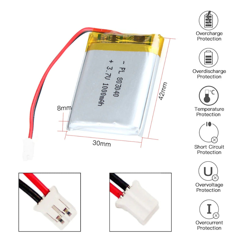 Cargue la imagen en el visor de la galería, [PH2.0-JST Connector][803040] Universal 1000mAh 3.7V Rechargeable Li-Ion Lithium Polymer Battery - Polar Tech Australia
