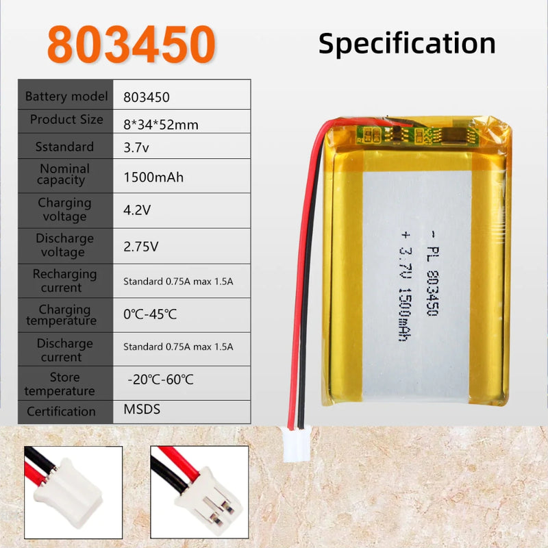 Chargez l&#39;image dans la visionneuse de la galerie, [PH2.0-JST Connector][803450] Universal 1500mAh 3.7V Rechargeable Li-Ion Lithium Polymer Battery - Polar Tech Australia
