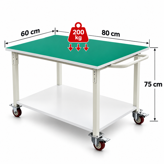[80x60cm] Heavy Duty Mobile Workbench with Lockable Castor Wheels, Double Layer Storage Shelf & Anti-Static Worktop – Industrial Packing Table & Workshop Trolley