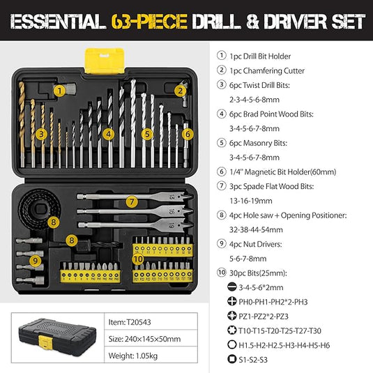 Hi-Spec 63 in 1 Multi Steel Drill Bits & Screw Nut Driver Bit Set Drilling Metal, Wood, Brick & Concrete Accessories With Storage Case