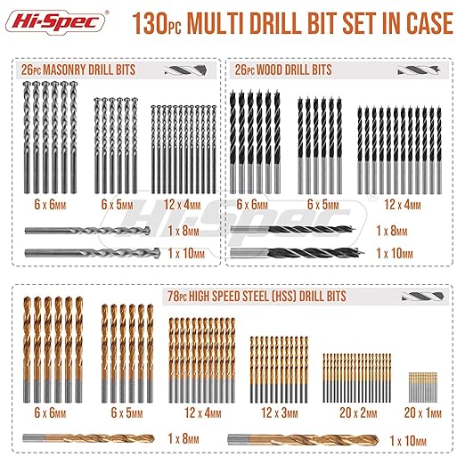 Load image into Gallery viewer, Hi-Spec 130 Piece drill Set DIY drilling in metal, wood and plastic with HSS steel drill with titanium coating

