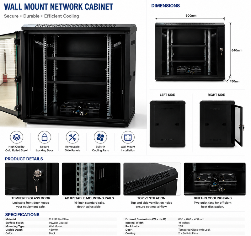 Cargue la imagen en el visor de la galería, [Assembled][Built-in Fan] 4U 6U 9U 12U 15U Heavy Duty Network Server CCTV PoE Switch Wall Mount Cabinet Rack Lockable Enclosure
