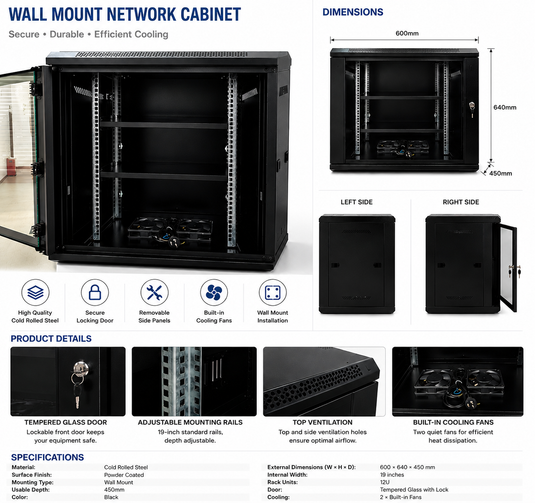 [Assembled][Built-in Fan] 4U 6U 9U 12U 15U Heavy Duty Network Server CCTV PoE Switch Wall Mount Cabinet Rack Lockable Enclosure