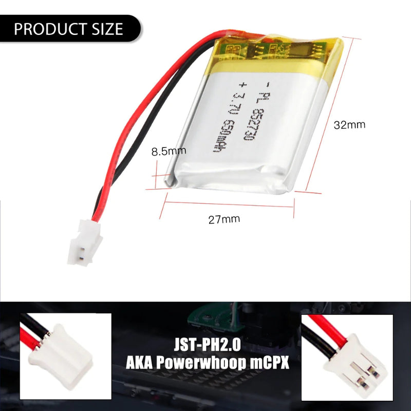 Cargue la imagen en el visor de la galería, [PH2.0-JST Connector][852730] Universal 650mAh 3.7V Rechargeable Li-Ion Lithium Polymer Battery - Polar Tech Australia
