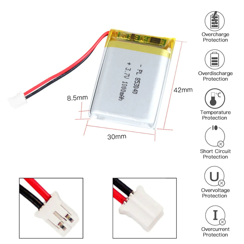 Cargue la imagen en el visor de la galería, [PH2.0-JST Connector][853040] Universal 1000mAh 3.7V Rechargeable Li-Ion Lithium Polymer Battery - Polar Tech Australia
