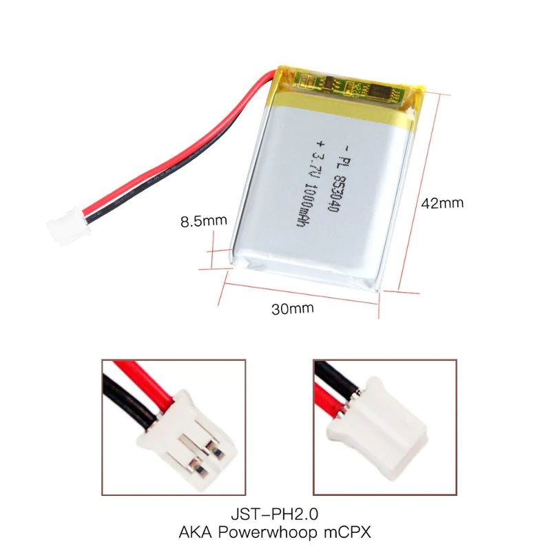 Cargue la imagen en el visor de la galería, [PH2.0-JST Connector][853040] Universal 1000mAh 3.7V Rechargeable Li-Ion Lithium Polymer Battery - Polar Tech Australia
