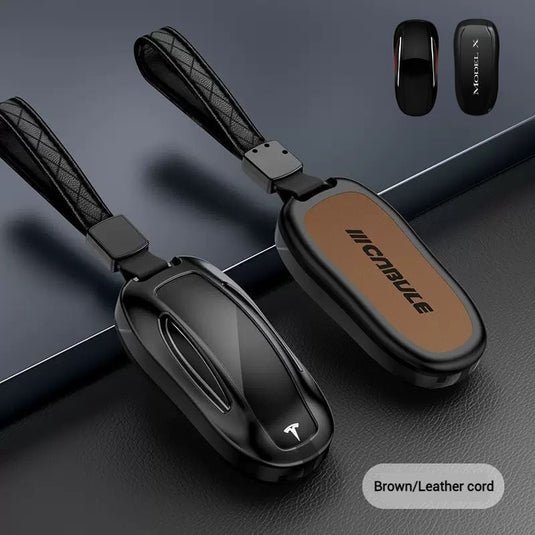Tesla Full Aluminum Alloy + PU Leather Cover Car Key Fob Case for Model X
