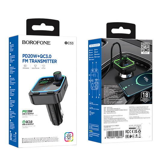 [BC53] HOCO Dual USB + PD USB-C Port 20W Car Charging Adapter With FM Transmitter