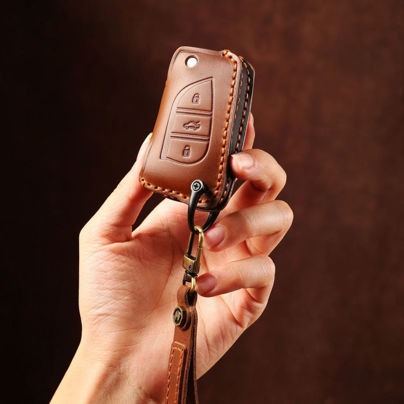 Chargez l&#39;image dans la visionneuse de la galerie, Toyota Handcrafted Genuine Leather Folding Car Key Fob Protective Case Cover For RAV4, Avalon, Avensis, Aygo, Camry, Corolla
