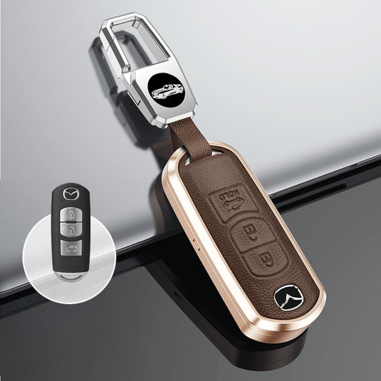 Mazda Aluminum Alloy Genuine Leather Car Key Fob Cover Case For MX-5, CX-5, CX-7, CX-9, Mazda 6