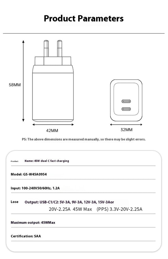 65W Max PD Dual USB-C Port iPhone 16 Wall Travelling Charger Adapter - (SAA Approved/AU Plug) - Polar Tech Australia