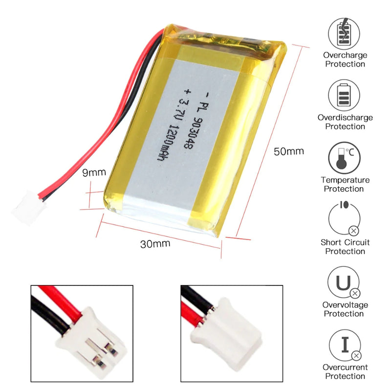 Cargue la imagen en el visor de la galería, [PH2.0-JST Connector][903048] Universal 1200mAh 3.7V Rechargeable Li-Ion Lithium Polymer Battery - Polar Tech Australia

