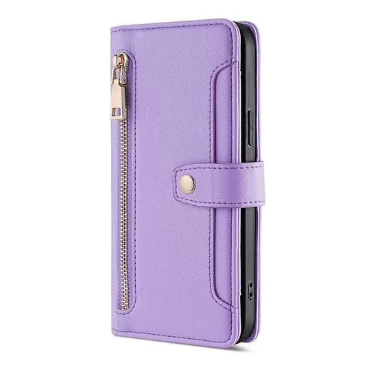 [With Card Slot] Apple iPhone 16/E/Plus/Pro/Max - Multi-Function Flip Leather Zipper Wallet Case With Wrist & Shoulder Strap