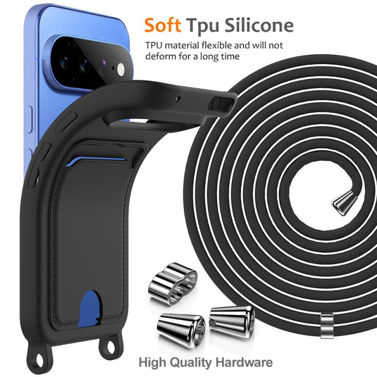 Google Pixel 11 Pro XL - Integrated Card Bag Solid Color Liquid Silicone Phone Case with Lanyard