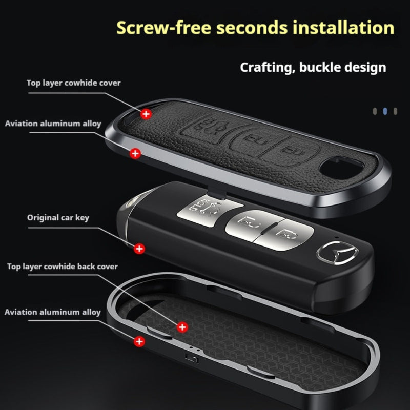 Chargez l&#39;image dans la visionneuse de la galerie, Mazda Aluminum Alloy Genuine Leather Car Key Fob Cover Case For MX-5, CX-5, CX-7, CX-9, Mazda 6
