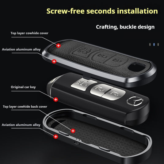 Mazda Aluminum Alloy Genuine Leather Car Key Fob Cover Case For MX-5, CX-5, CX-7, CX-9, Mazda 6