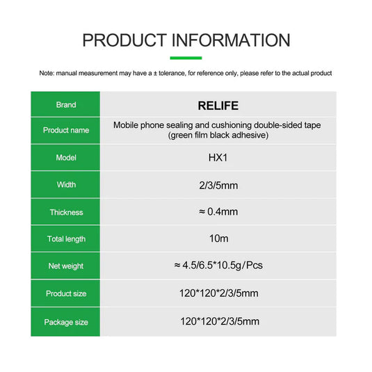 [HX1] Relife 10M Green Film Black Foam Double-Sided Tape for Mobile Phone Screen Sealing Repair - 5Pcs