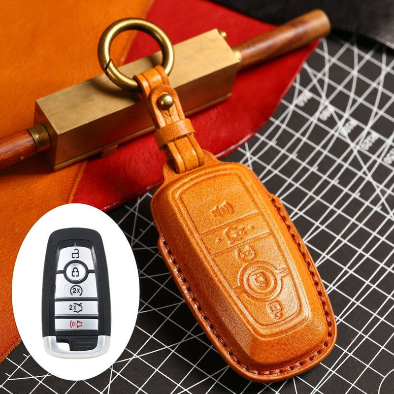 Chargez l&#39;image dans la visionneuse de la galerie, Ford Handcrafted Genuine Leather Folding Car Key Fob Protective Case Cover For Raptor F-150, Focus, Escort, Mondeo, Edge, Explorer, Mustang

