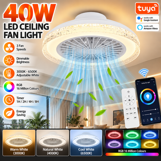 [With Fan] Tuya RGB Dimmable LED 40W White Ceiling Light WIFI Wireless Control Bedroom Living Room Light
