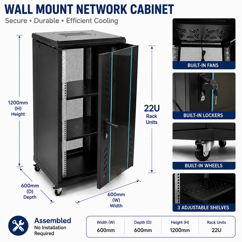 Cargue la imagen en el visor de la galería, [Assembled][Built-in Fan] 18U 22U 27U Heavy Duty Network Server CCTV PoE Switch Free Standing Cabinet Rack Lockable Enclosure
