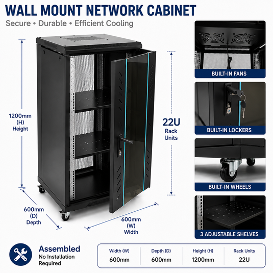 [Assembled][Built-in Fan] 18U 22U 27U Heavy Duty Network Server CCTV PoE Switch Free Standing Cabinet Rack Lockable Enclosure