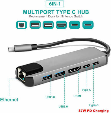 [6 in 1] Universal MacBook Laptop USB-C Type-C Dock Station 87W PD Charging RJ45 Ethernet Port Extension Hub