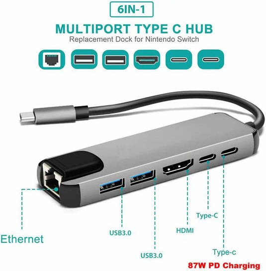 [6 in 1] Universal MacBook Laptop USB-C Type-C Dock Station 87W PD Charging RJ45 Ethernet Port Extension Hub