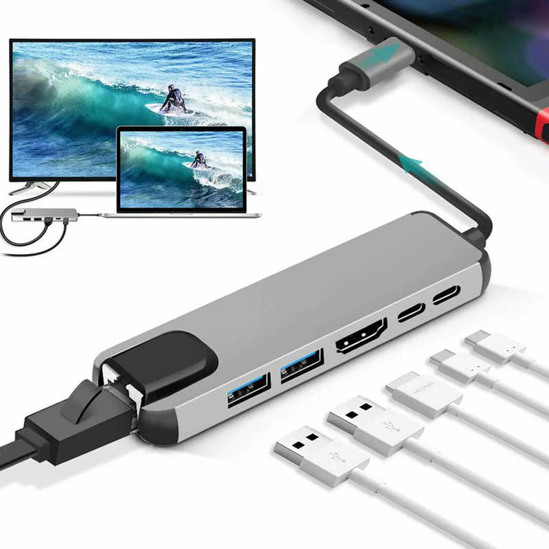 Chargez l&#39;image dans la visionneuse de la galerie, [6 in 1] Universal MacBook Laptop USB-C Type-C Dock Station 87W PD Charging RJ45 Ethernet Port Extension Hub - Polar Tech Australia
