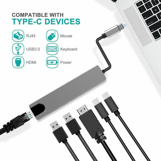 [6 in 1] Universal MacBook Laptop USB-C Type-C Dock Station 87W PD Charging RJ45 Ethernet Port Extension Hub