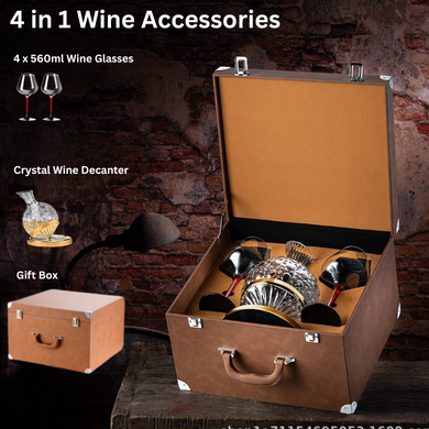 [4 in 1] Wine Accessories Gift Box Luxury 360° Rotating Crystal Hand Blown Wine Decanter with wine glasses