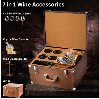 [7 in 1] Wine Accessories Gift Box Luxury 360° Rotating Crystal Hand Blown Wine Decanter with wine glasses and rack