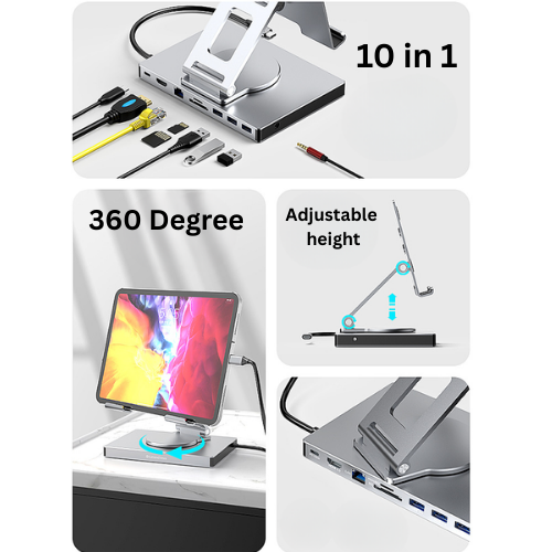 [10-in-1][360 Rotation] iPad Tablet POS Stand Dock Station With Type C USB 3.0 HDMI DP Ethernet PD –  iPad Tablet Port Expansion with Multiple Interfaces (COMBO Card Reader + HUB) - Polar Tech Australia