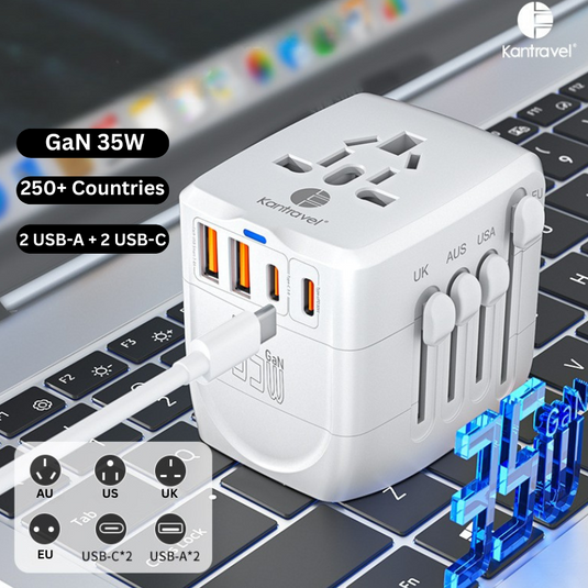 Universal 4 Ports PD 35W Conversion charger with dual USB-A ports, Dual USB-C ports, AC socket and Converter Wall Charger International Travelling Adapter