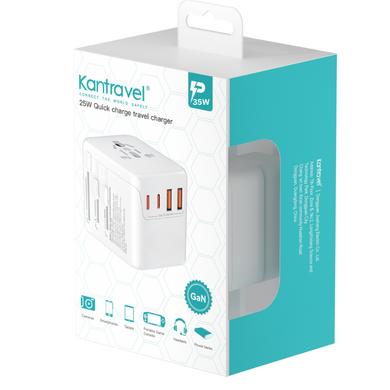 Universal 4 Ports PD 35W Conversion charger with dual USB-A ports, Dual USB-C ports, AC socket and Converter Wall Charger International Travelling Adapter